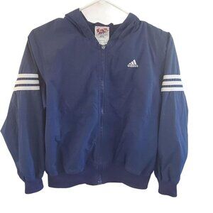 Adidas Girls Windbreaker Jacket Size M Hooded Zip Lightweight Pockets Blue White